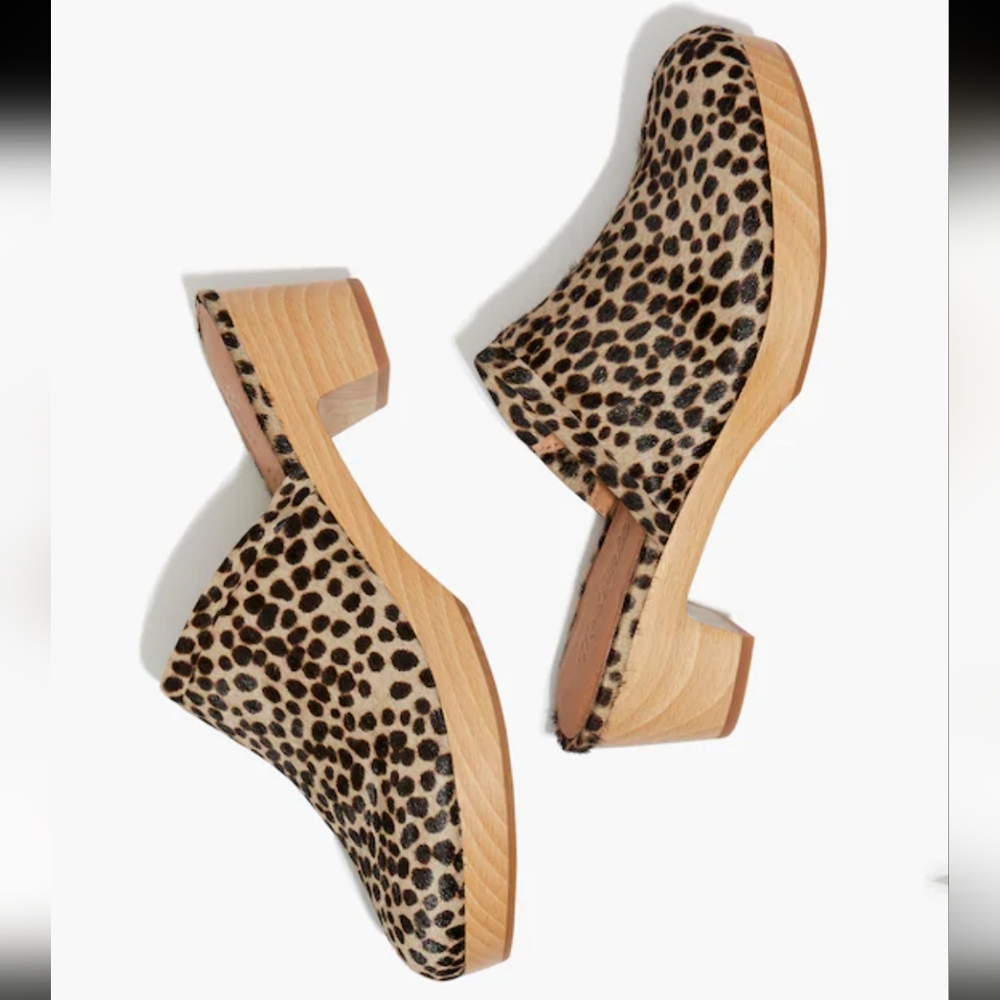 Madewell Ruby Clogs Leopard Calf Hair Wooden Heel